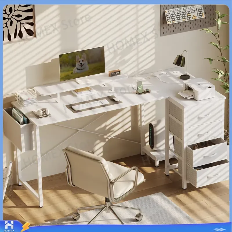 L Shaped Corner Desk 140x80cm with Drawers USB Charging Port Power Outlet Monitor Stand PC Computer Desk Home Office Gaming