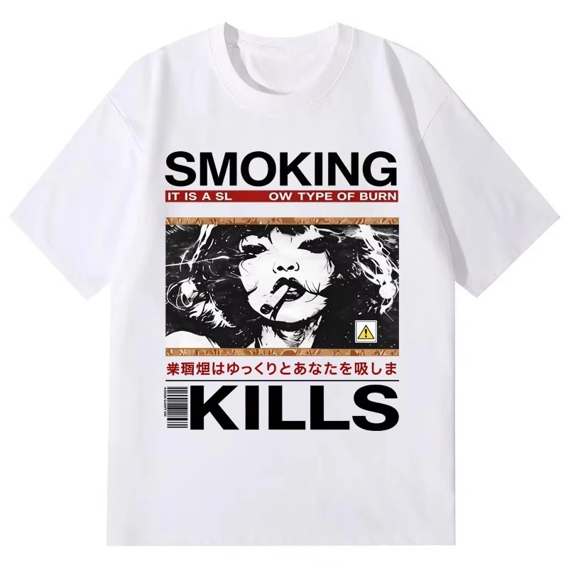 2026 New Smoking Warning Family Matching Unisex Oversized T Shirt Dark Anime Portrait Graphic Streetwear Loose Cotton Tee