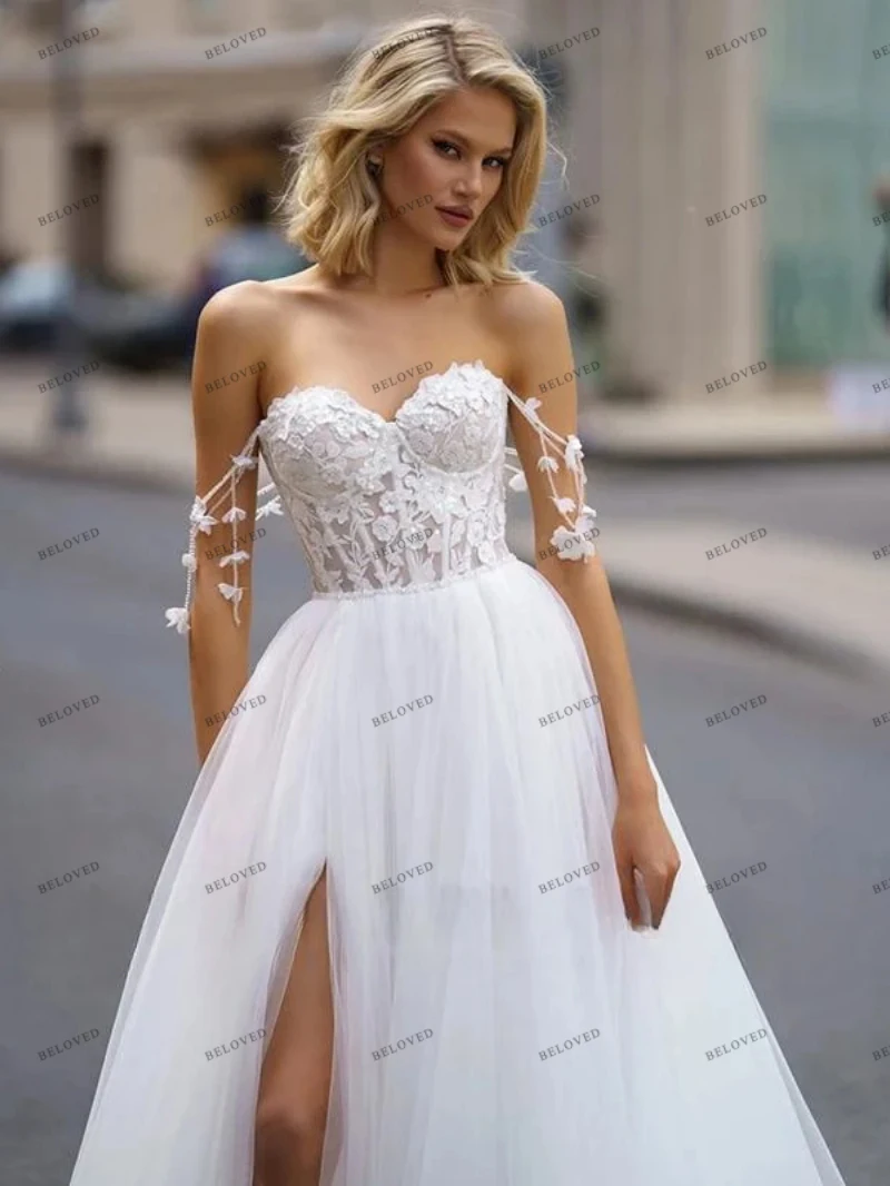 Vintage Trouwjurken Sierlijke Bruidsjurken Kant Appliqueert Eenvoudige Gewaden Van De Schouder Strapless Rugloze Vestidos De Novia