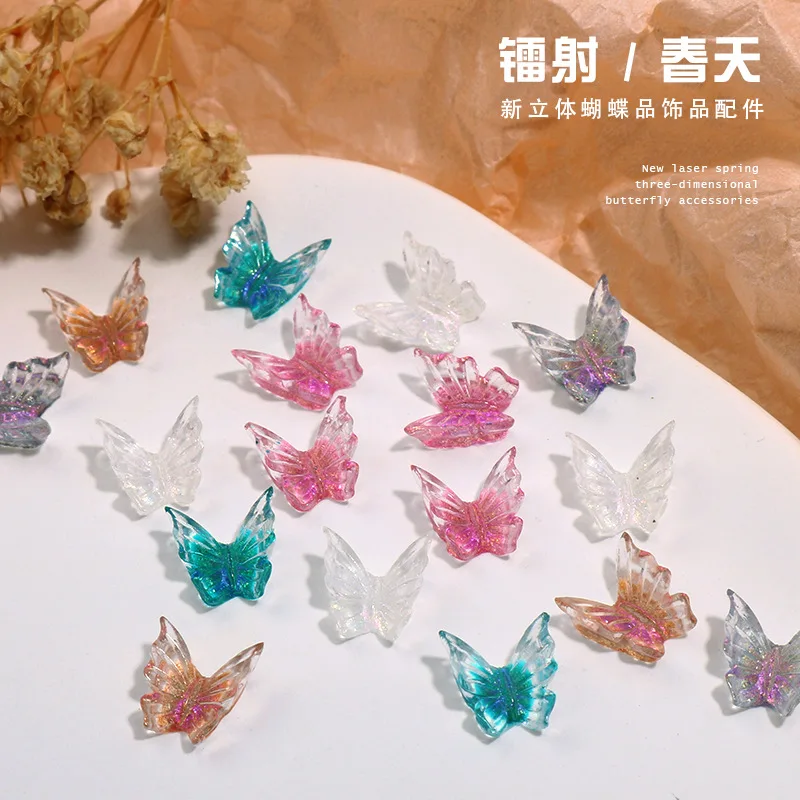 50Pcs Nail Art Resin Charms 2023 Spring Holographic Butterfly 3D Decals Stones For Laser Nail Art Decorations Manicure Tips