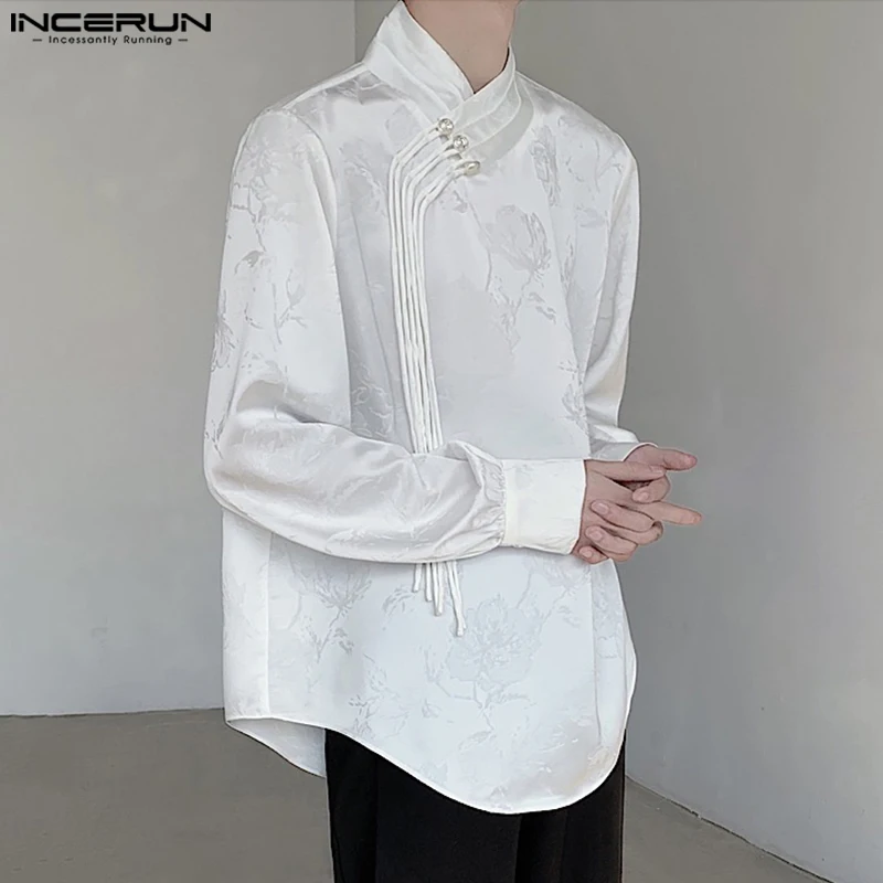 INCERUN 2024 Men Shirt Jacquard Stand Collar Long Sleeve Vintage Casual Men Clothing Streetwear Loose Korean Style Shirts S-5XL