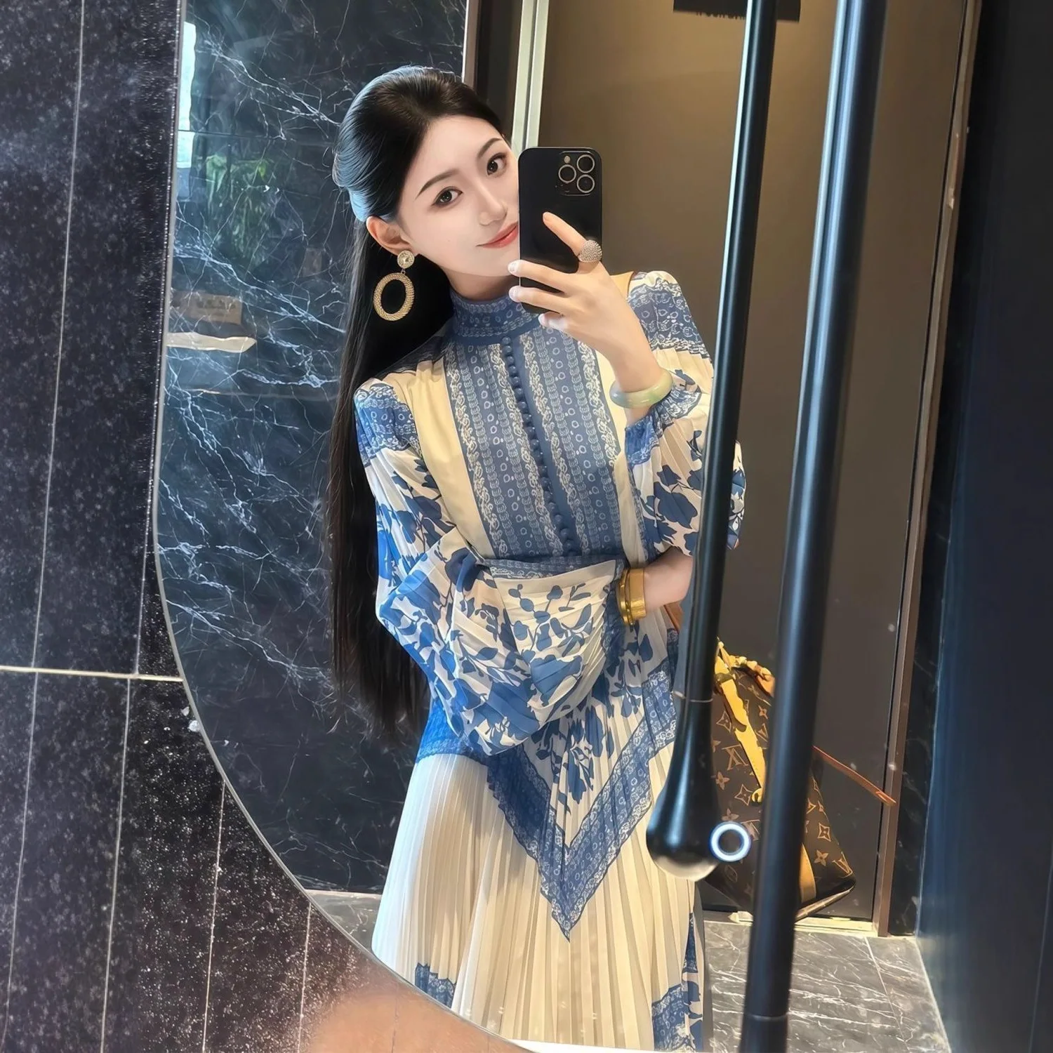 

Mid Length Dress Women Sexy Dresses Gown A Line Vestidos Y2k Streetwear Full Sleeve Print Pleated Elegant Party Night Work