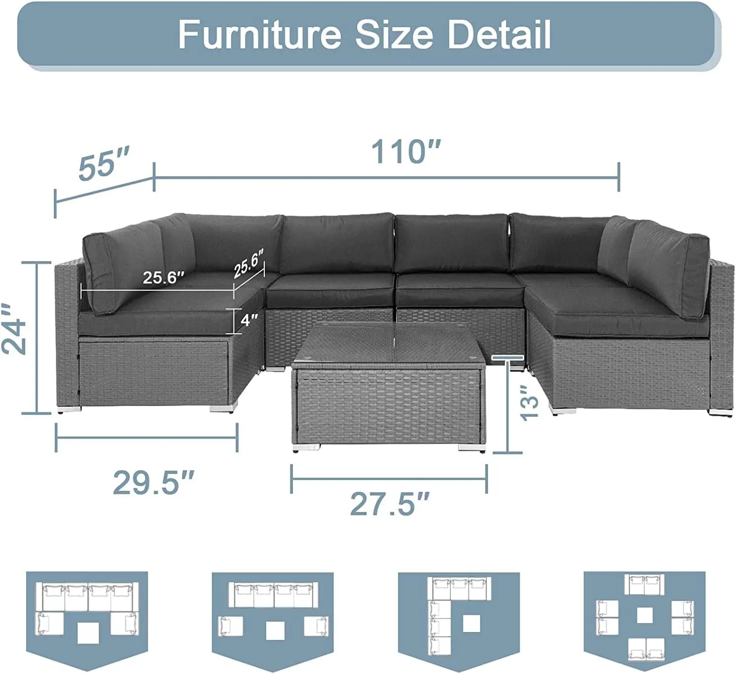 Conjunto de sofás para muebles de exterior, sofá seccional de mimbre gris para todo tipo de clima,