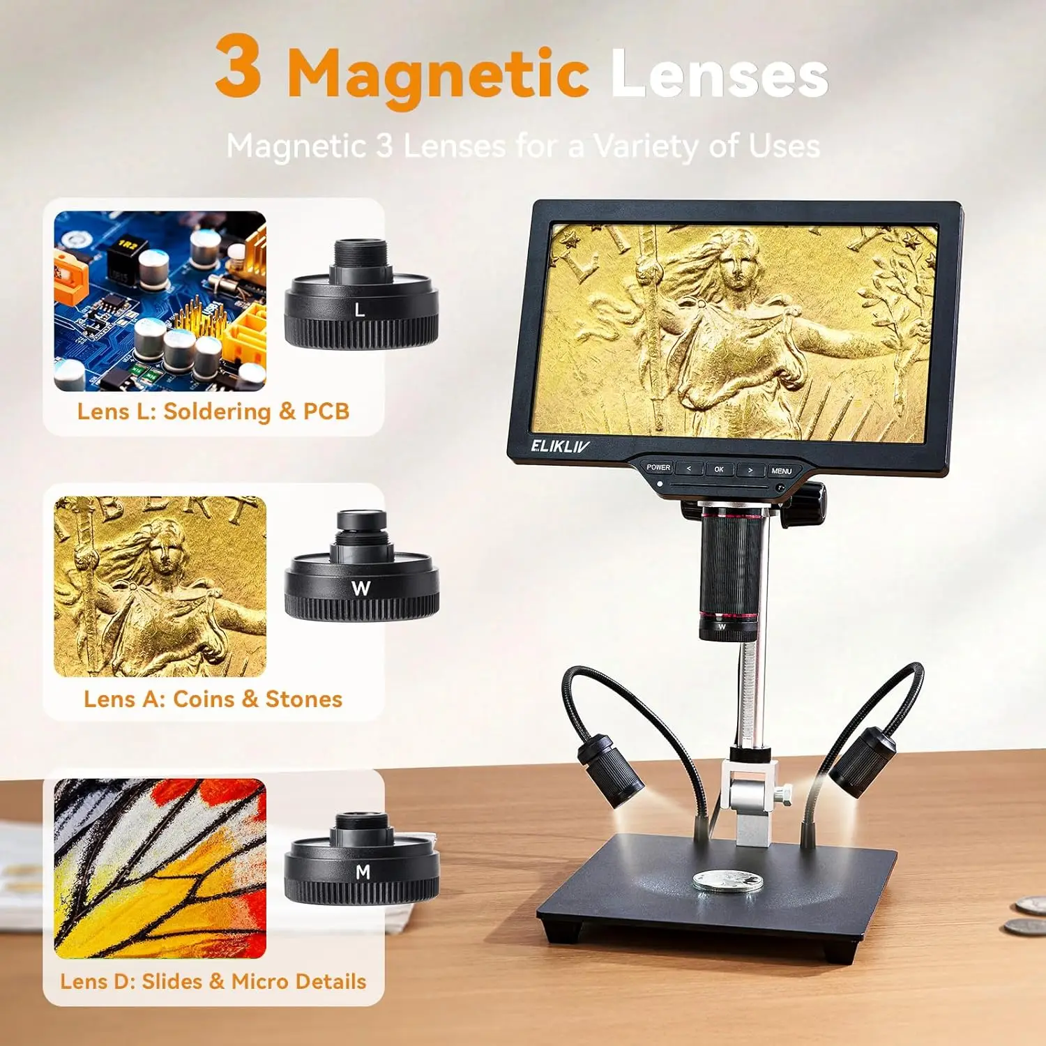 Microscopio Digitale Elikliv 4K TL301 Max con Display da 10'' HDMI, Ingrandimento 2000X, 3 Lenti per Riparazione di Elettronica e PCB