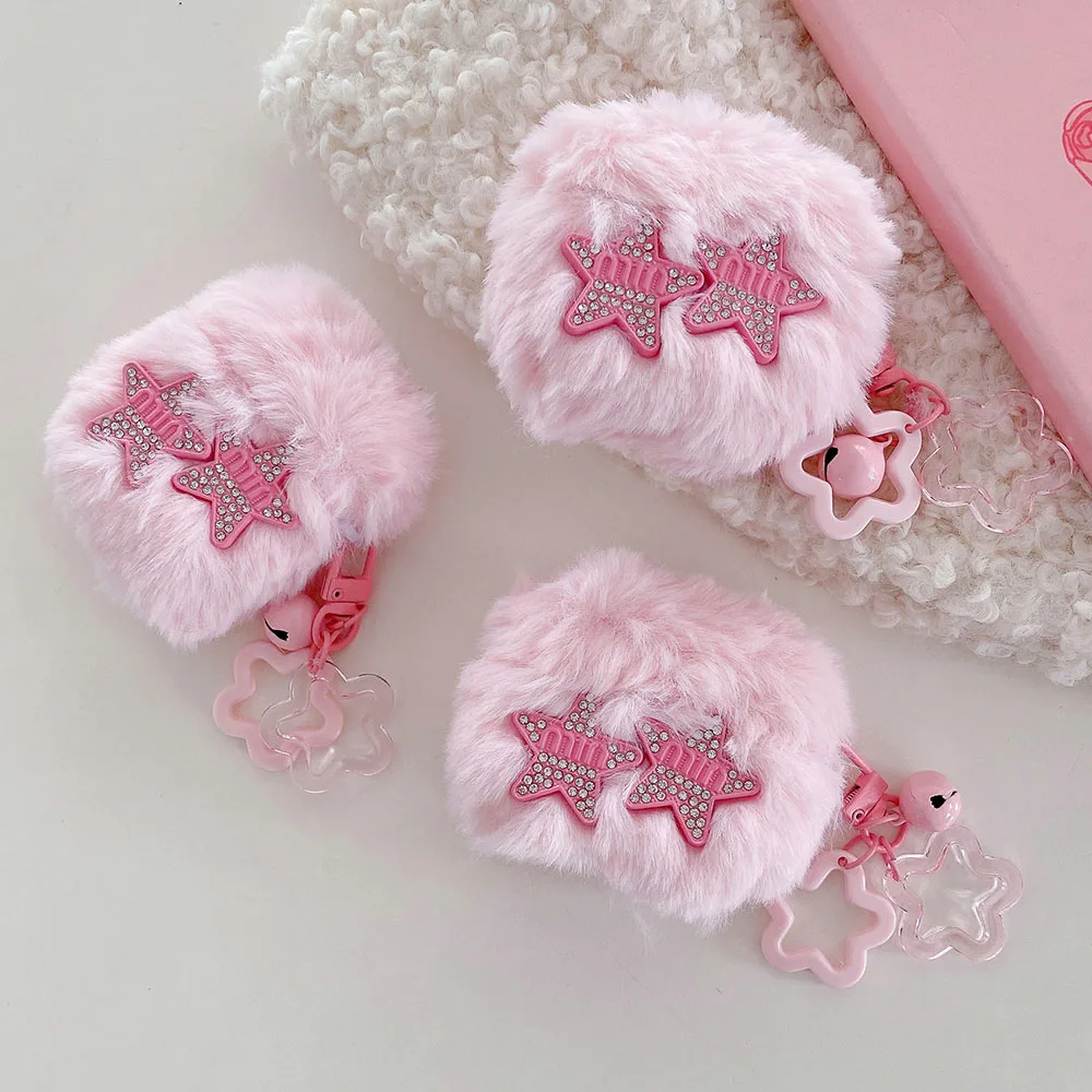 Cute Pink 3D Diamond Star Fluffy Plush Warm Case For Apple Airpods Pro 1 2 3 Wireless Earphone Cover with Stars Pendant Keychain