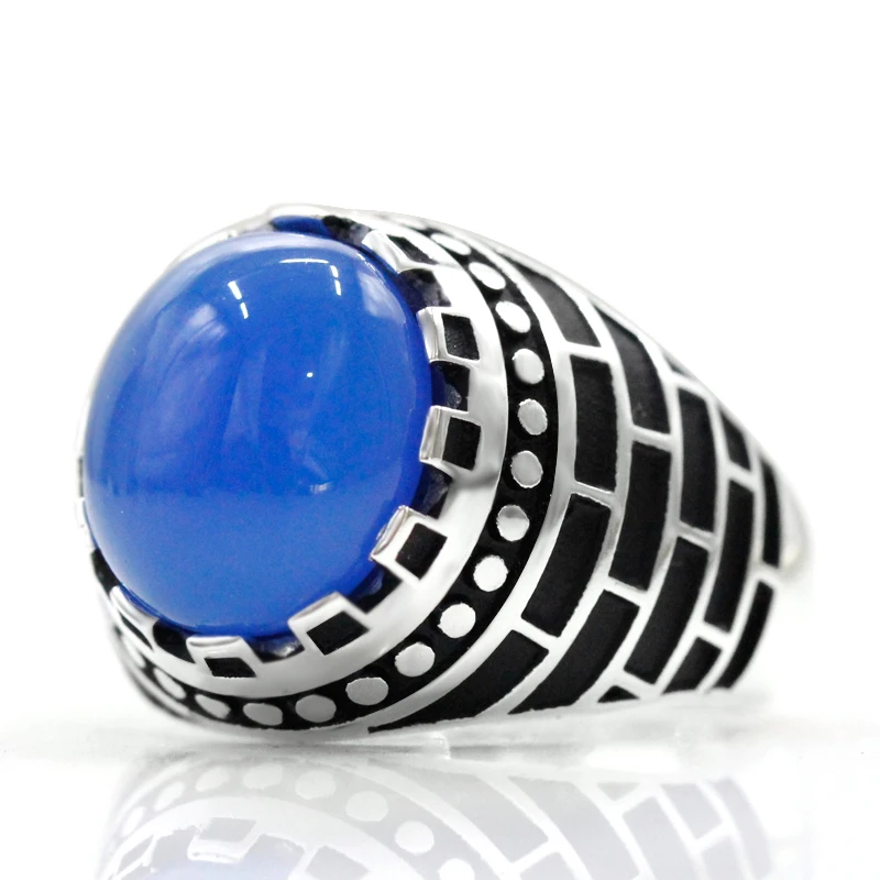 

S925 Sterling Silver Türkiye Handmade Men's Ring Natural Blue Agate Simple Design Fashion Festival Women's Jewelry Party Gift