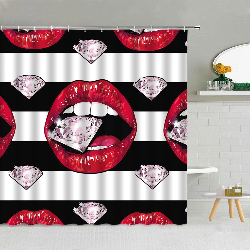 

Sexy Woman Red Lips Pink Shower Curtain Diamond Cosmetics Love Gift Girl Bathroom Decor Waterproof Cloth Curtains With Hooks Set