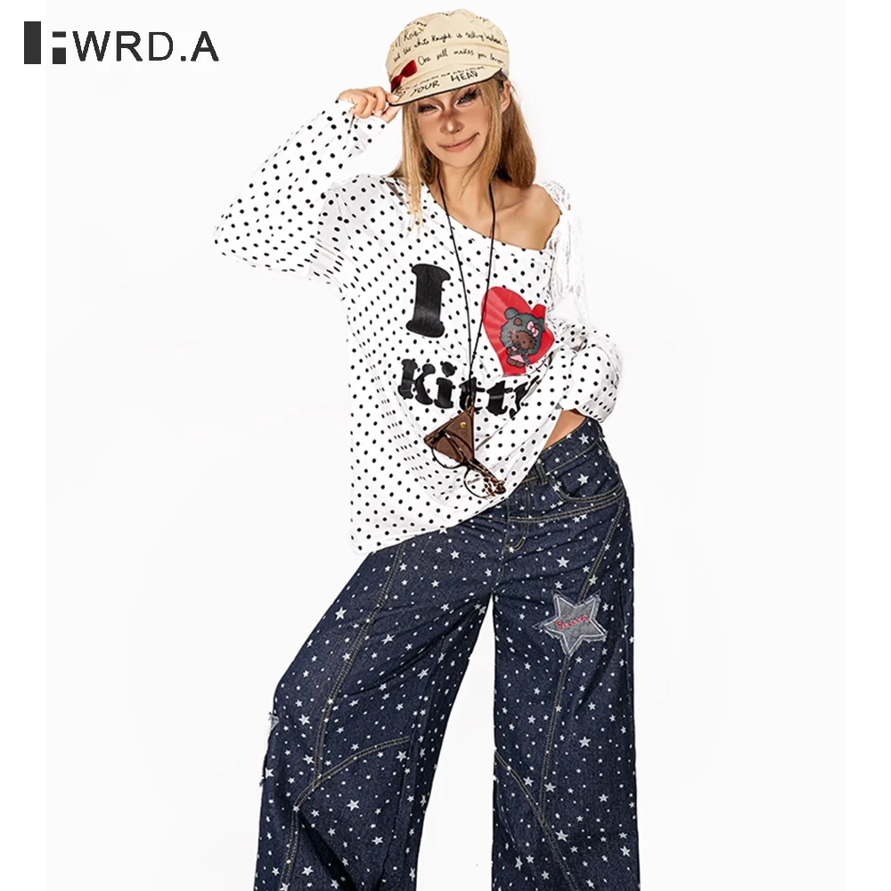 

FWRD Women’s American Retro Polka Dot Long Sleeve T-Shirt Autumn Winter Y2K Lace One Shoulder Slim Fit Knitted Top#FWRD6032