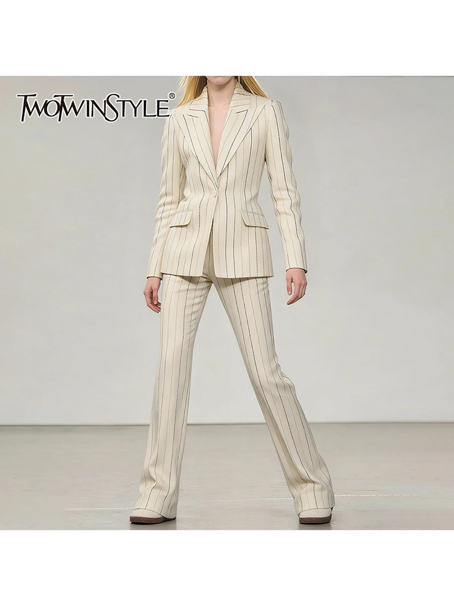 

TWOTWINSTYLE Hit Color Spliced Striped Two Piece Sets for Women Lapel Long Sleeves Tunic Blazer High Waist Pant Set Female New