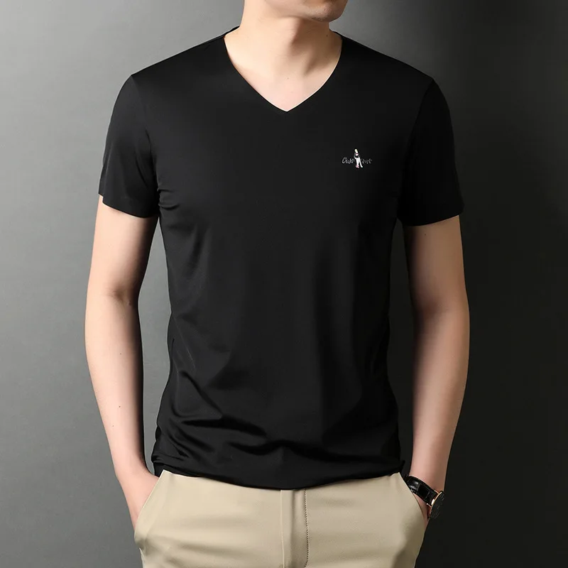 High quality ice silk short sleeve t-shirt men\'s V-neck summer high-end fashion exquisite embroidery half sleeve casual Top Men