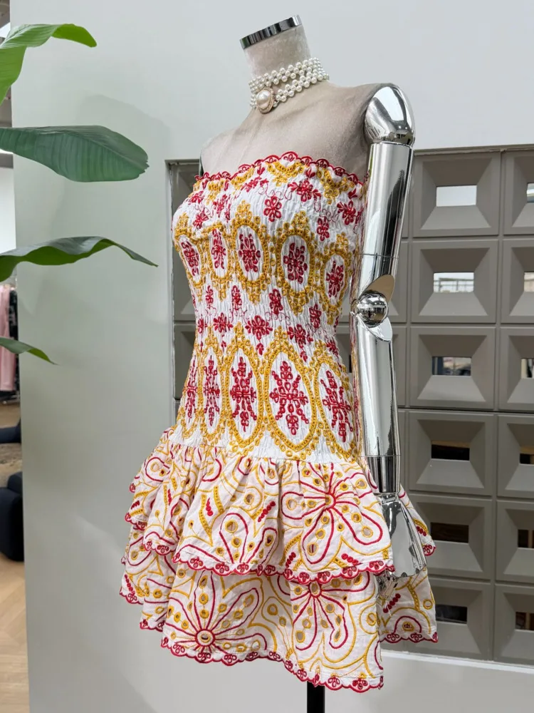 DFDG Abito da donna a strati con ricamo bohémien primavera estate 2025 con maniche svolazzanti, orlo con volant, vita elasticizzata, abito da vacanza