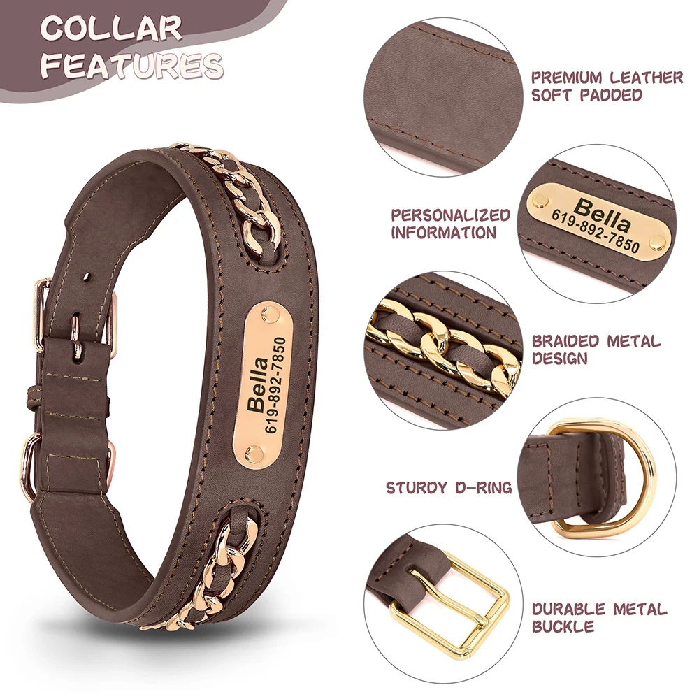Personalisiertes Hundehalsband aus strapazierfähigem Leder für Hunde mit Anti-Verlust-Namensschild, Kettenzubehör für kleine, mittelgroße und große Hunde – Detail 12