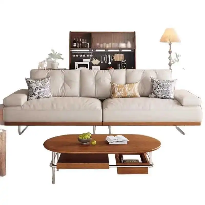 

French retro leather sofa living room size apartment modern simple three-person straight row medium and ancient leather art sofa