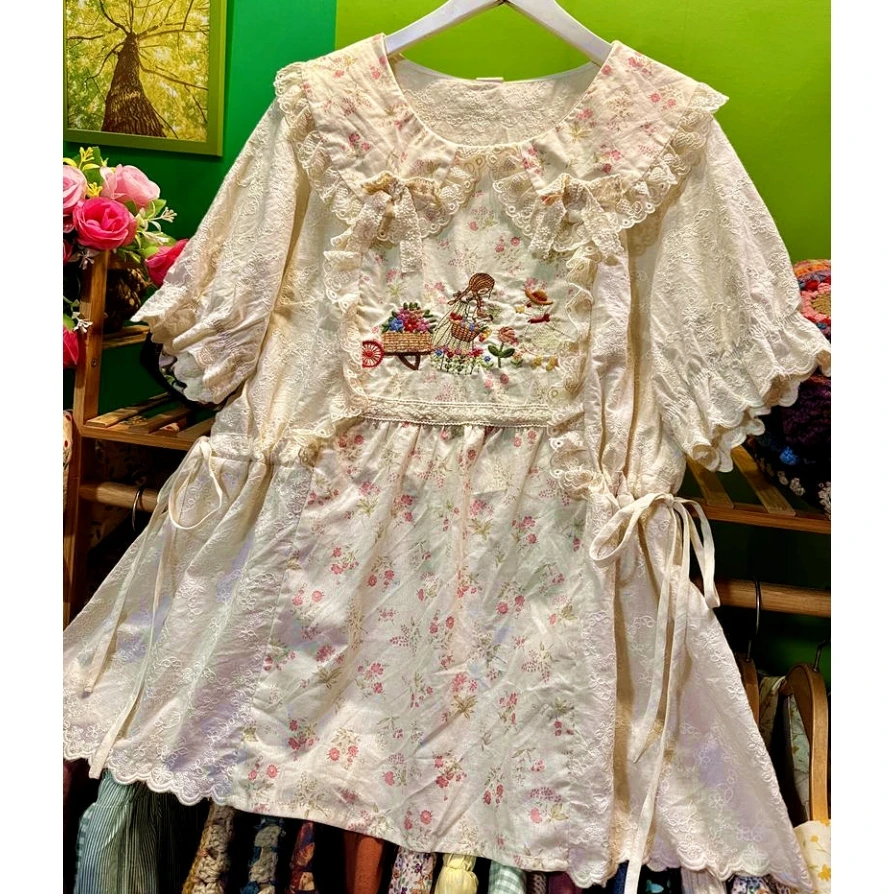 

Women Cotton Sweet Kawaii Cute Lolita Cartoon Ruffled Lace Shirt Mori Girl Korean Vintage Cottagecore Harajuku Summer Blouse
