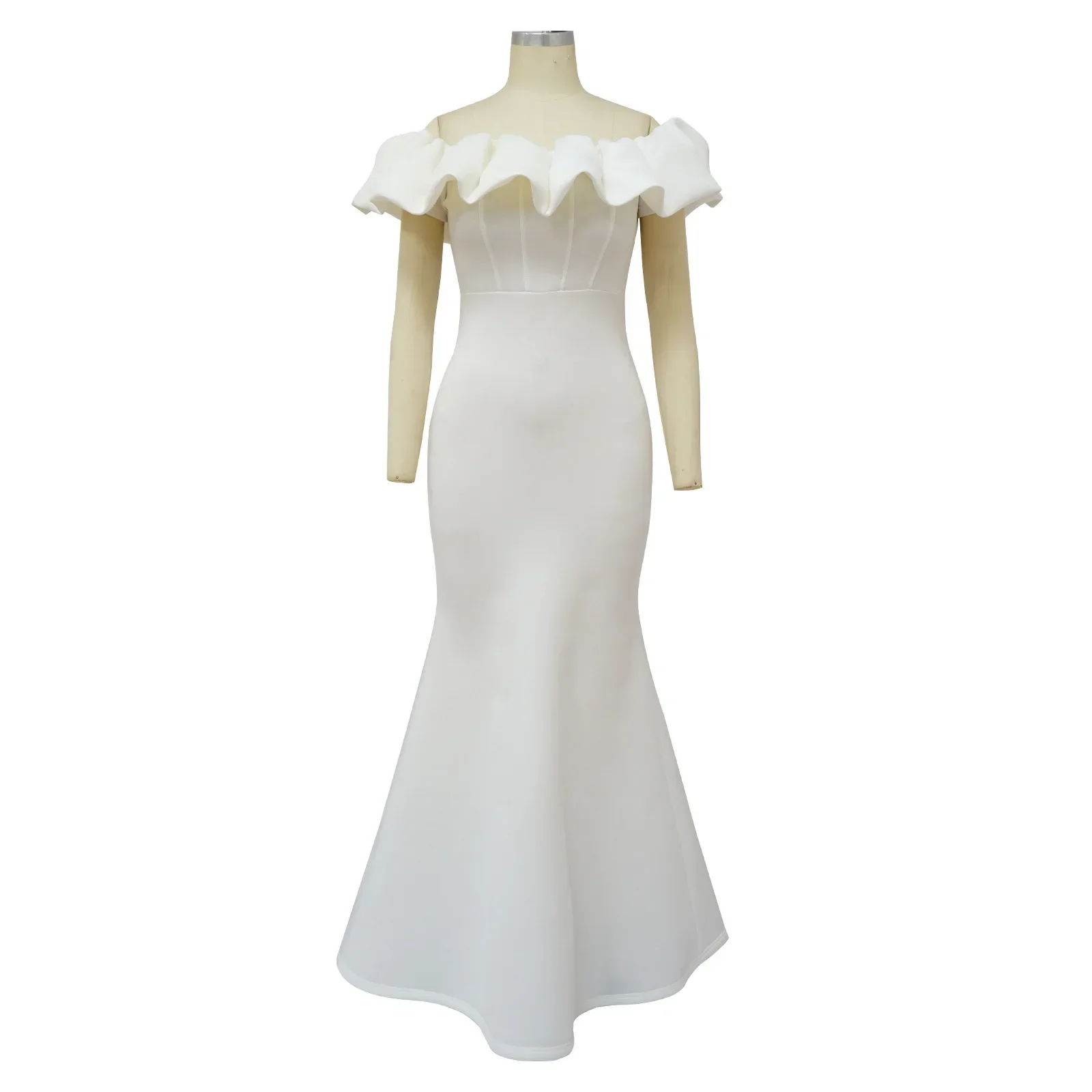 Elegant Women Long Evening Dresses Ruched Off Shoulder Slim Bodycon Mermiad White Dress Formal Party Wedding Guest Gown