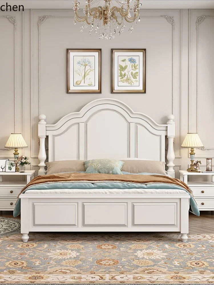 HT Country Style Solid Wood Bed High Box Storage Double Bed Vintage Style Master Bedroom 1.8m Natural Wood Bed