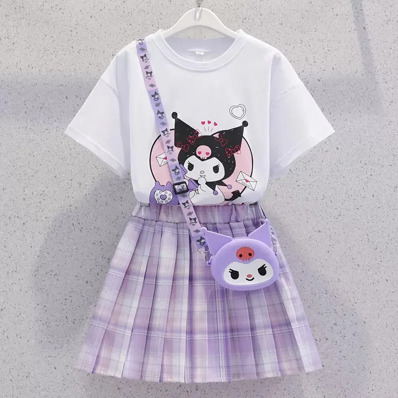 Children Sanrio Kuromi Skirt Suit Summer Teen Girls Short-Sleeved Cartoon T-shirt Tops+Plaid Pleated Skirt 2Pce Set Preppy Dress