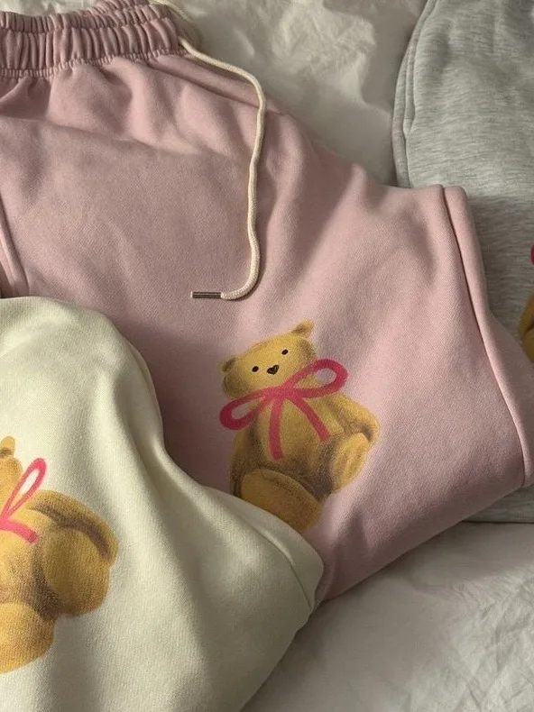 بنطلون رياضي فضفاض مبطن بالصوف بتصميم عتيق مع رسومات الفراشات اللطيفة وعقدة وقلب كريمي اللون، بنمط الشارع للنساء، سميك لربيع ...