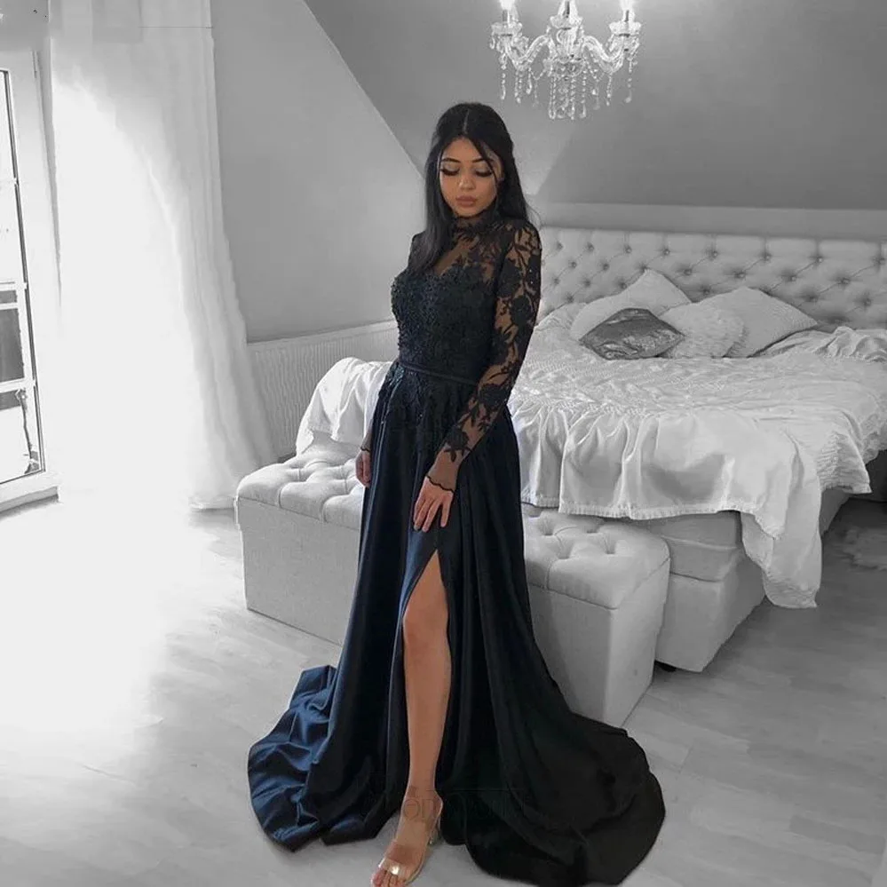 

Charming Black Prom Dresses A-Line Lace Split Long Sleeves Formal Homecoming Dress Sexy Evening Party Gowns