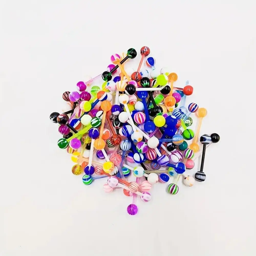 50pcs Mixed Color Soft Rod Acrylic Tongue Stud Ring Set