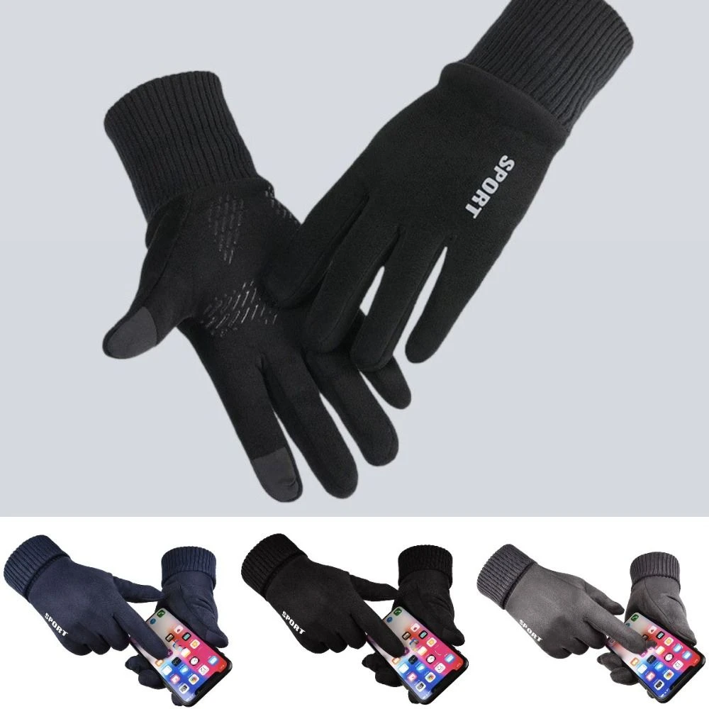 Sports Touchscreen Suede Fabric Gloves Thickened Solid Color Men Cycling Gloves Windproof Driving Mittens Outdoor