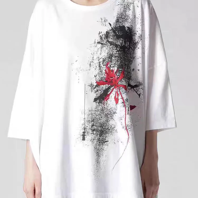 YAMAMOTO-Style T-shirt,HighQuality Dark Theme Floral Graffiti Pattern Printed, Loose Short-Sleeved