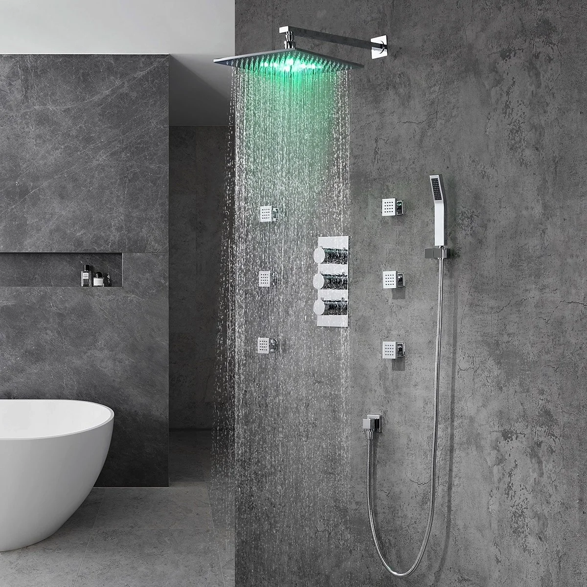 

Bathroom Rain Shower System AMAXO Modern Brass Square Led Concealed Shower Set Thermostatic Chrome