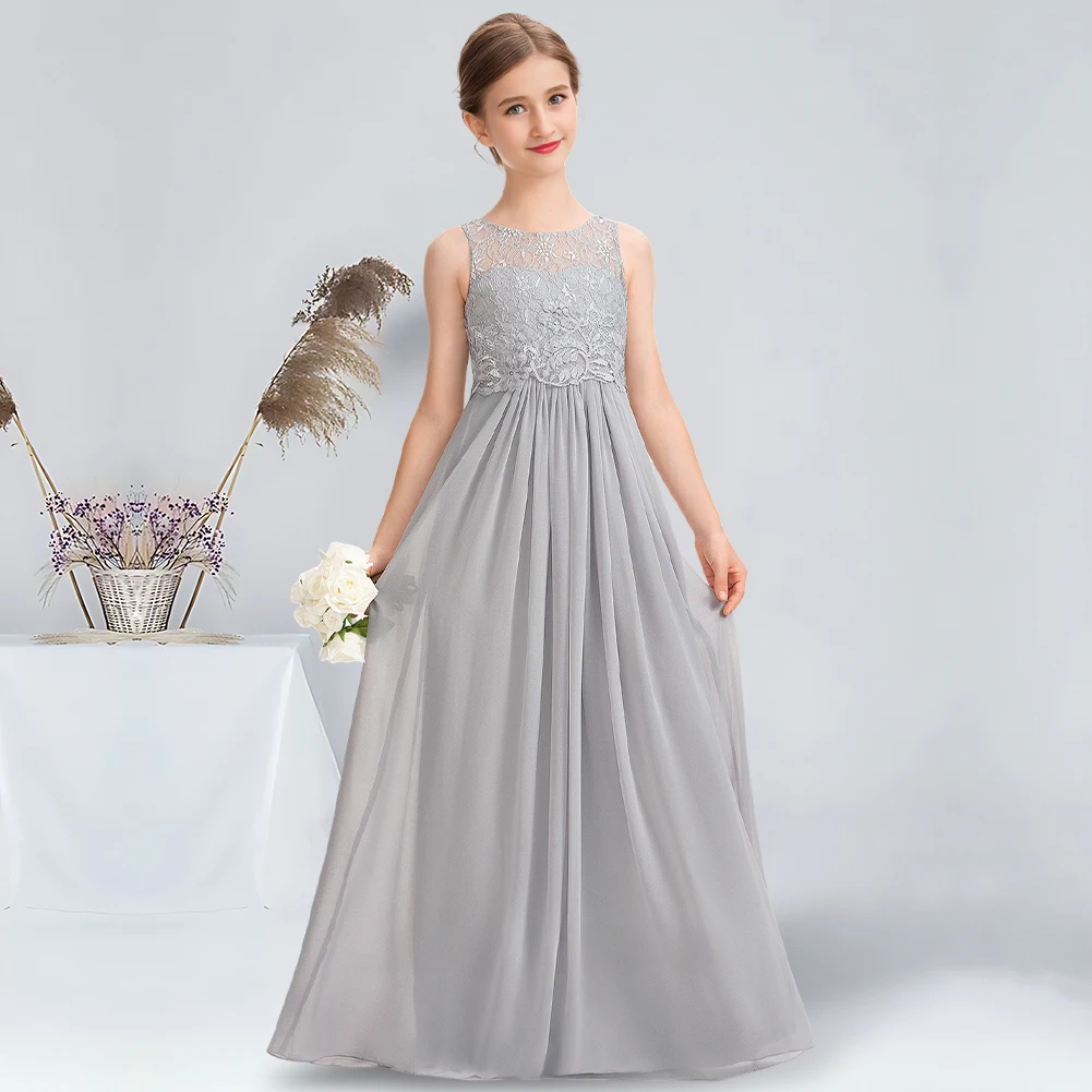 A-line Scoop Floor-Length Chiffon Lace Junior Bridesmaid Dress Elegant Sliver Flower Girl Dress for Wedding Communion Dress