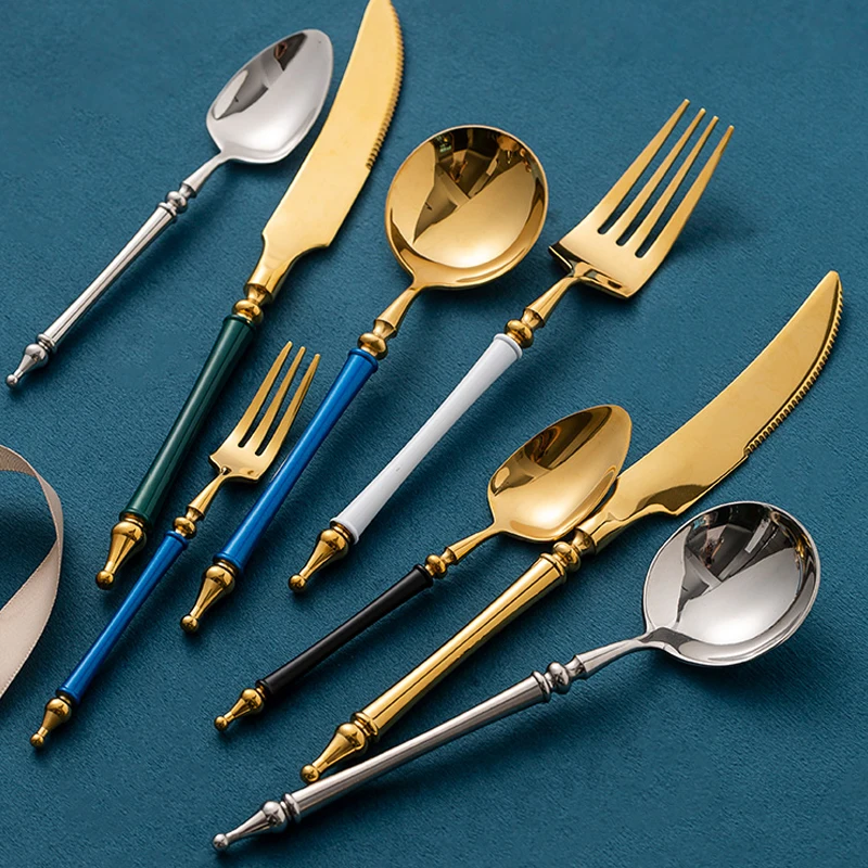 4PCS Luxury Golden 304 Stainless Steel Flatware Western Cutlery Set Roman Column Steak Knife Fork Spoon Coffee Dessert Tableware