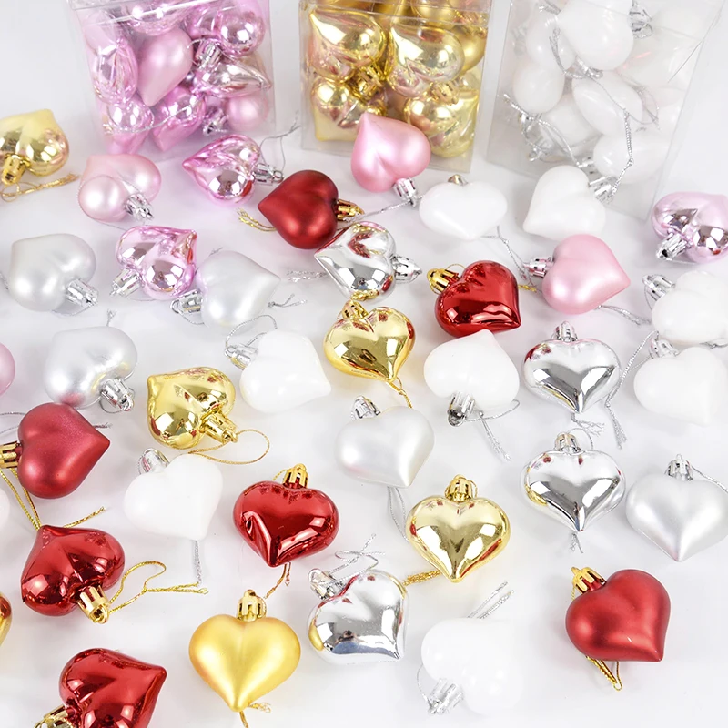 12 teile/satz Herzförmige Weihnachtskugeln Rosa Rot Silber Gold Weihnachtsbaum Ornamente Kunststoff Weihnachtskugeln Neujahr Party Supplies