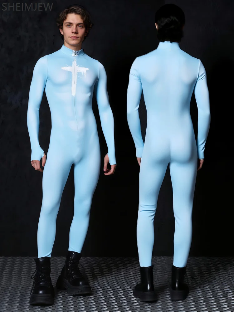

Couple Human Muscle Blue Jumpsuit Adult Anime Role Play Costume Halloween Party Dress Up Ladies Slim Tight Jumpsuit Stage Suit