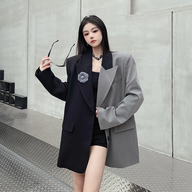 سترة أنيقة للسيدات موضة كبيرة الحجم مرقعة سترة كورية بأكمام طويلة للتنقل معطف مكتب للسيدات ملابس خارجية أنيقة غير رسمية