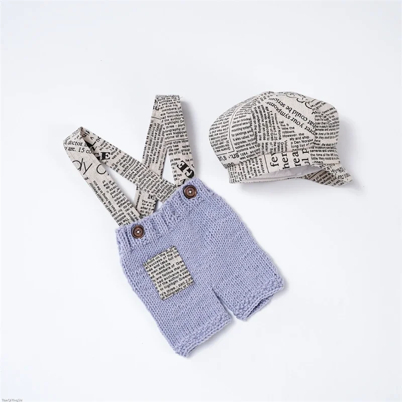 Baby Boy Photography Clothes Newspaper Full Printed Hat Suspender Pants Knitted 2pcs Outfit newsboy Photo Props Costumes