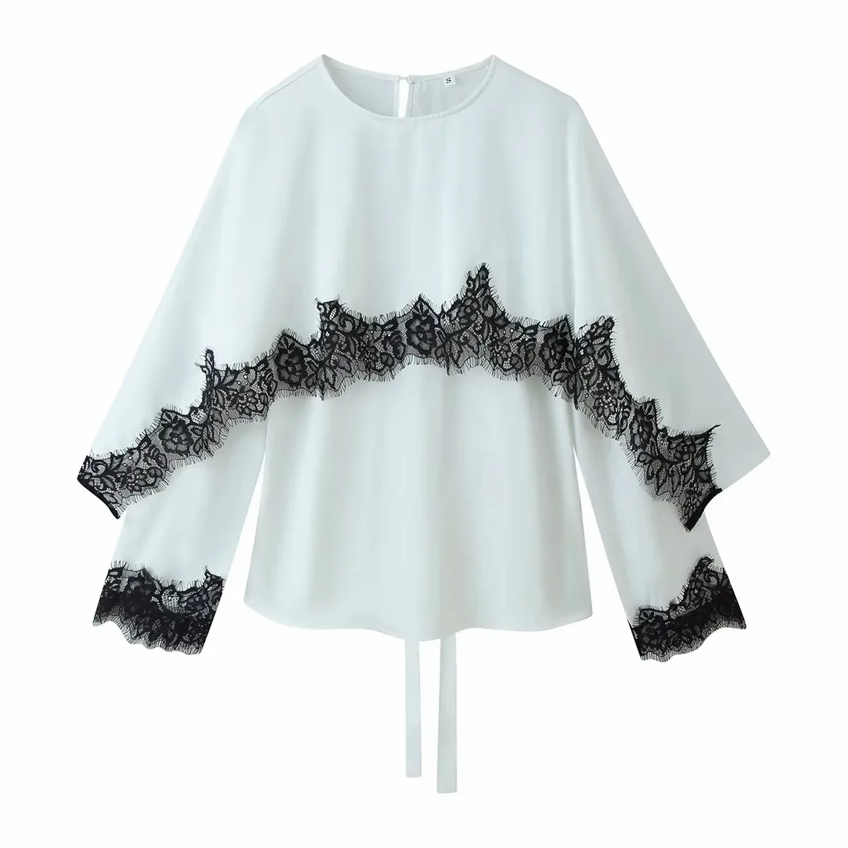 Elegante Damen-Bluse mit Spitzenbesatz und Kontrast-Schal-Design, Schicke Langarm-Bluse mit Taillenschnürung und Rundhalsausschnitt für Alltag und Dates – Detail 2