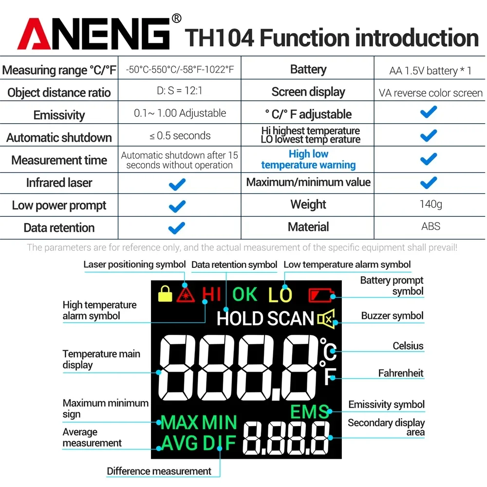 ANENG TH104 Infrared Handheld Temperature Gun -50~550℃ IR Laser Sensor Thermometer Thermal Imager VA Screen Meter Pyrometer Tool