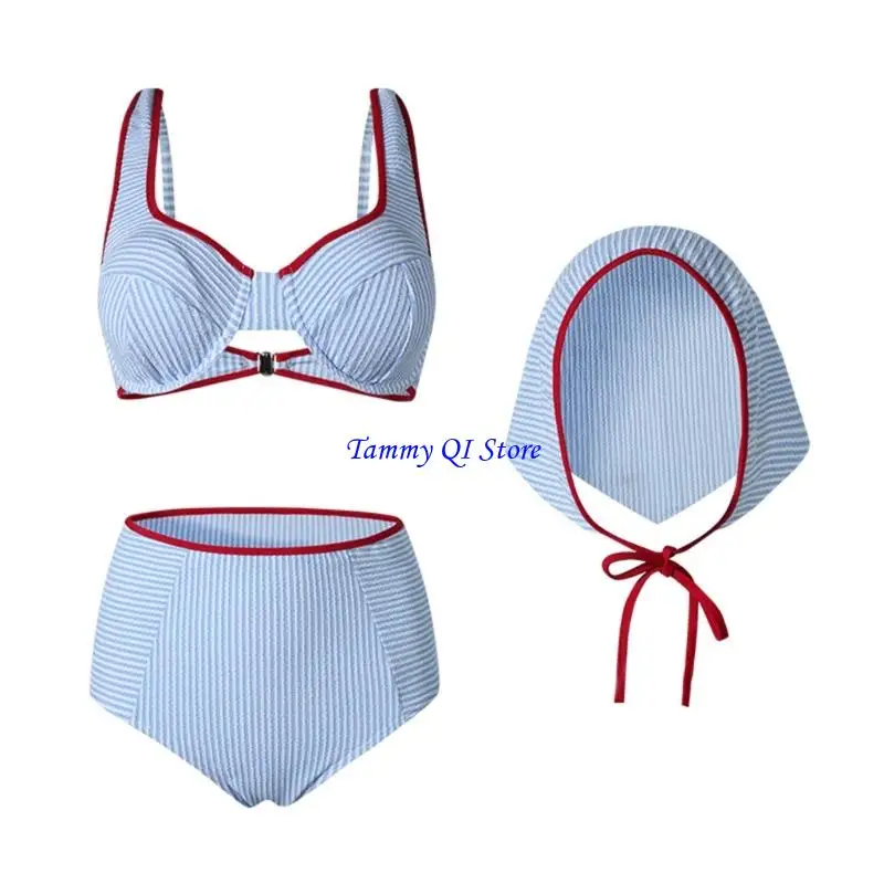 F1FD Blue Striped Swimsuit for Women Two Piece Bathing Suit with High Waist Briefs