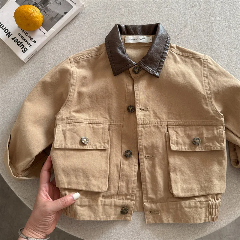 

New Boys and Girls Cotton Turn-down Collar Jacket Baby Color Block Collar Jacket Trendy Children's Jacket 2025 Autumn