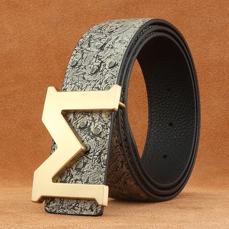

High quality ostrich pattern designer gray belts men genuine leather fashion letter M slide buckle 3.8cm wide ceinture homme