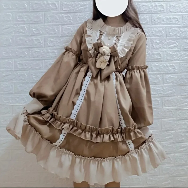 New women Lolita op dress flouncing lace trim Japanese Harajuku long sleeves doll teen dress fairy vestidos