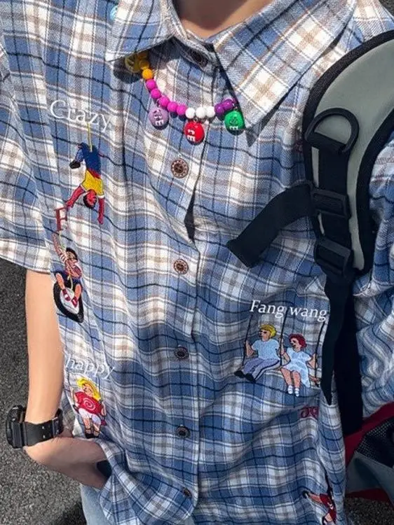 

Retro Sle Men's ort Sve irt Faionable Loose Fit Cartoon Embroidery Design Spring Autumn Casual Wear Regular Fit