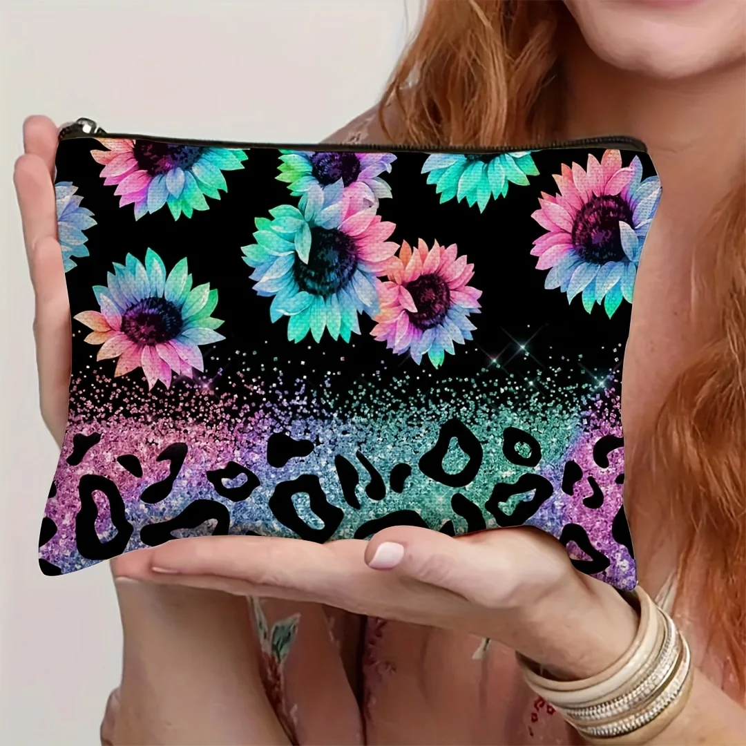 1pc Sparkling Sunflower & Leopard Print Makeup Bag – Vibrant Floral Design, Polyester Material, Portable Cosmetic & Toiletry
