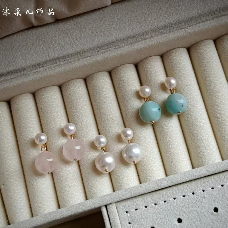 

Natural Freshwater Pearl Pink Round Stone Green Stone Blue Stone Ball Earrings Stud Earrings