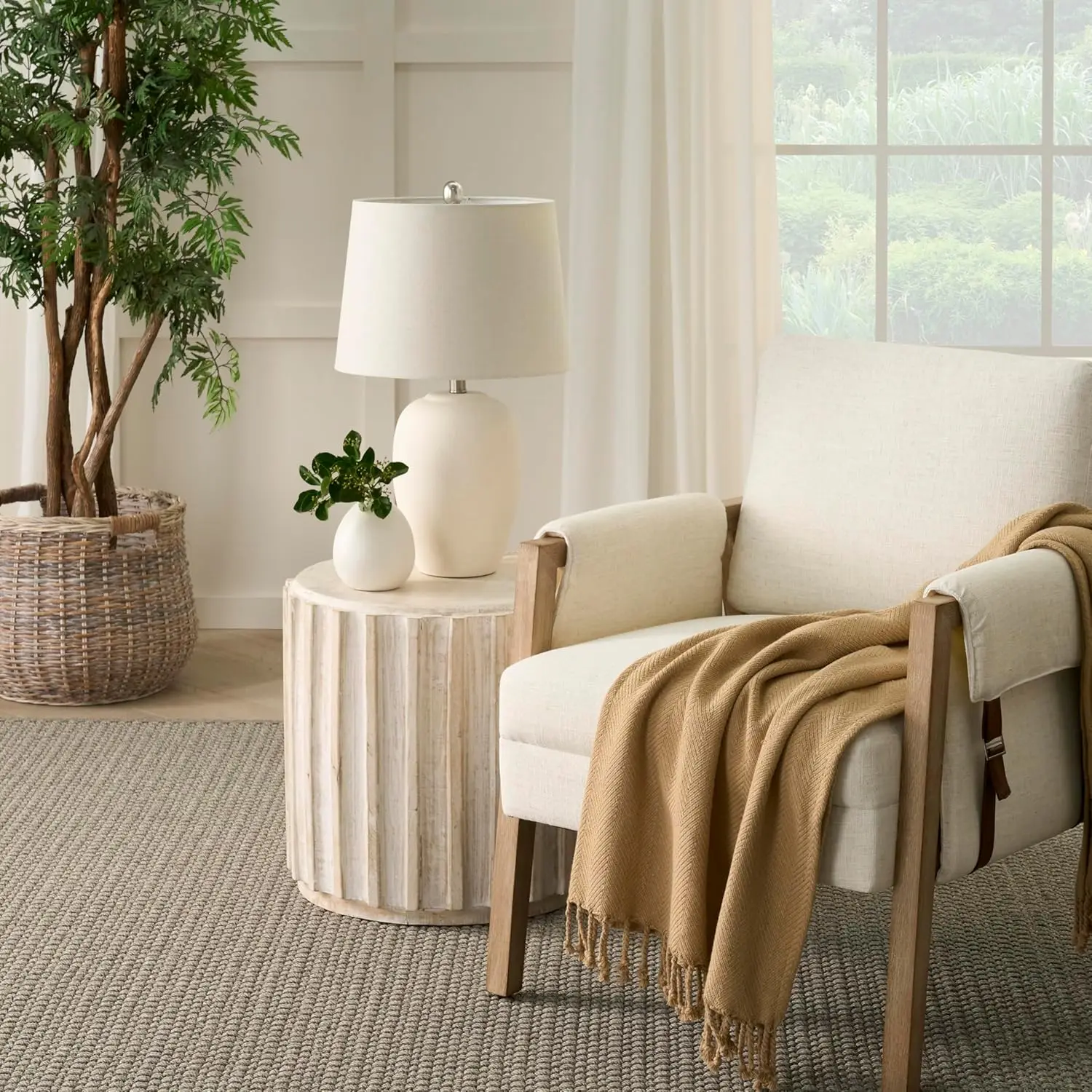 23インチ ナチュラルホワイトセラミックテーブルランプ オフホワイトシェード付き 寝室 リビングルーム オフィス用