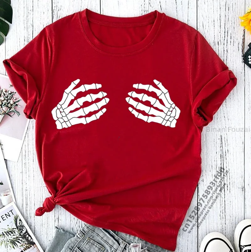 Skull Hands Print T-shirts Women Summer 2024 Gothic Clothes Casual Round Neck Graphic Tees Fashion T Shirt Femme Camisetas Mujer