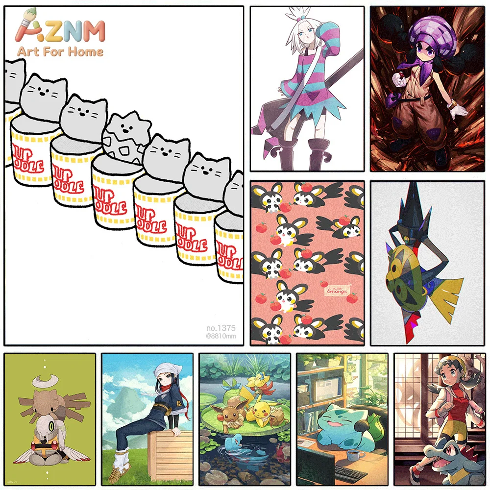 AZNM Linda pintura en lienzo sin marco de gato y Bidoof en Cup Noodles, arte de fanáticos del anime, decoración de pared