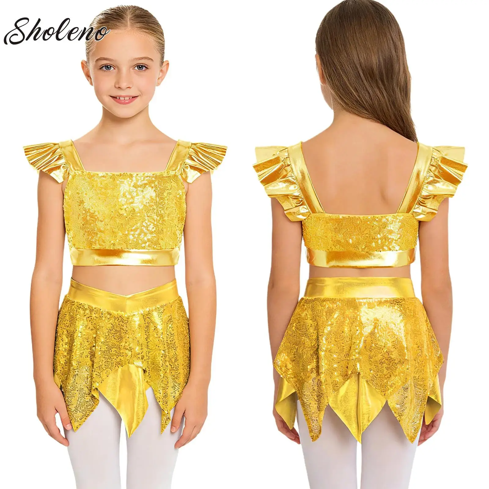 

2 PCS/Sets Kids Girls Sequined Jazz Latin Dance Outfits Metallic Crop Top+Skirts Ballet Ballroom Performance Practice Costume