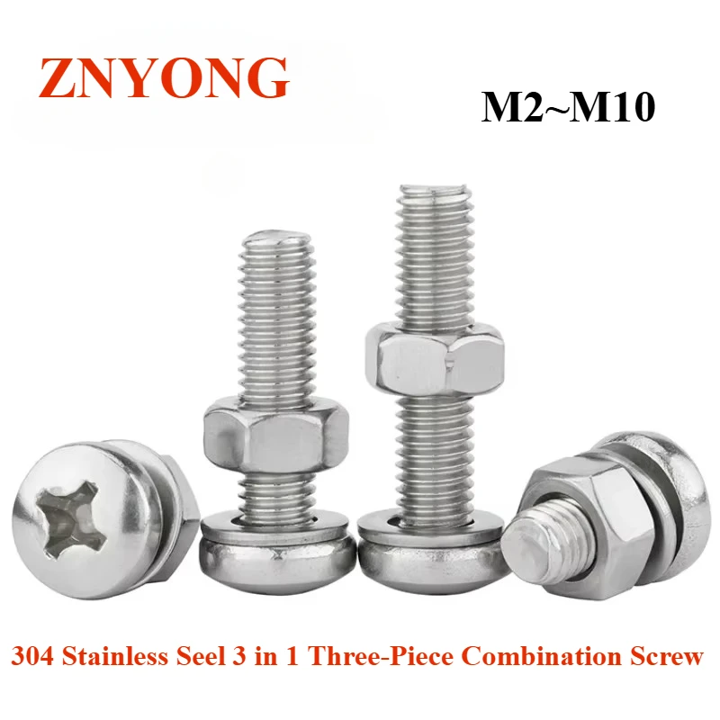 

1-20pcs M2 M2.5 M3 M4 M5 M6 M8 M10 3 in 1 Three-Piece Combination 304 Stainless Steel Screw Nut Washer Set Round Head Cross Bolt