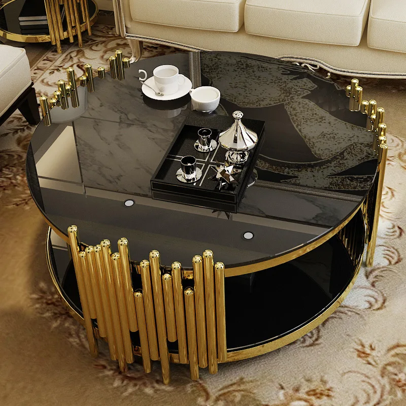 ！@Luxury Modern Design  Polished Gold Stanieless Steel Glass Top Round Coffee Table