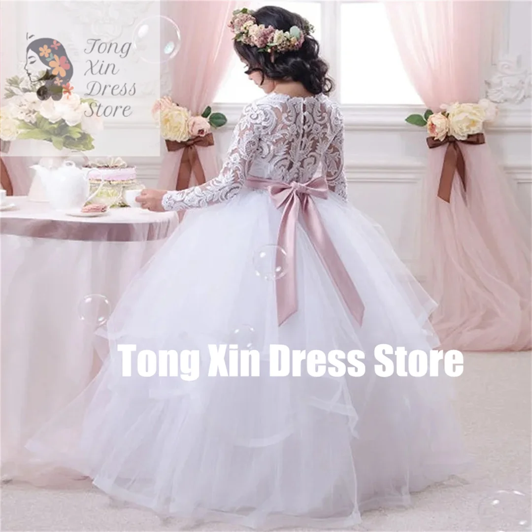 Customized Flower Girl Dresses White Tulle Puffy Tiered Appliques With Pink Bow Long Sleeve For Wedding Birthday Communion Gown