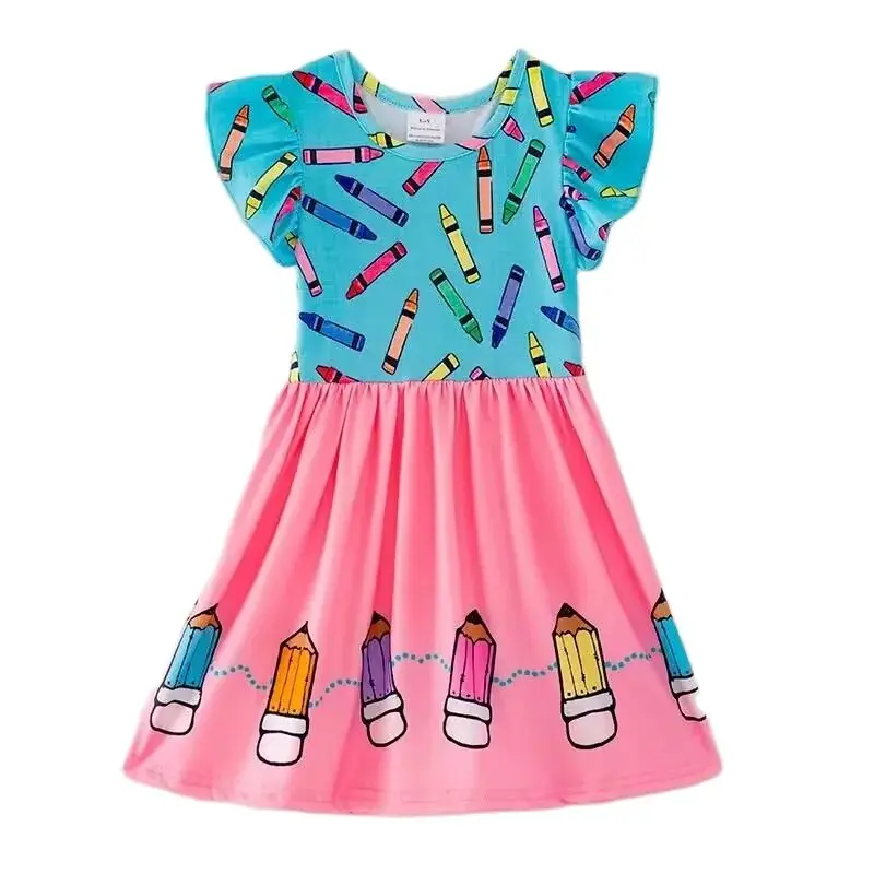 

Back to School Themed Boutique Girls Dress Pencil Print Long Sleeve Colorful Dress